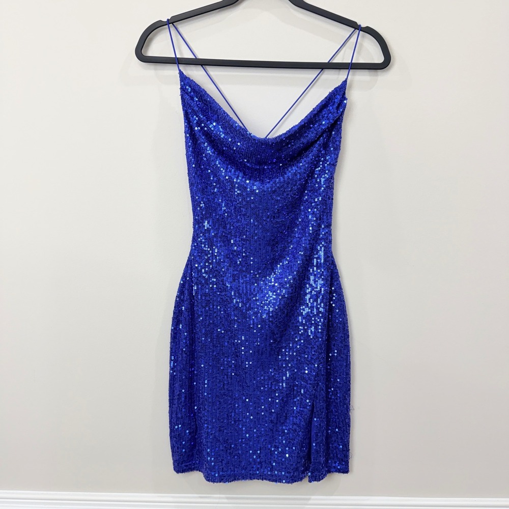 Windsor Womens Small Sequin Mini Dress Blue Cowl Neck Cross Back Slit HOCO Prom